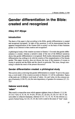 Gender Differentiation in the Bible: Created and Recognized