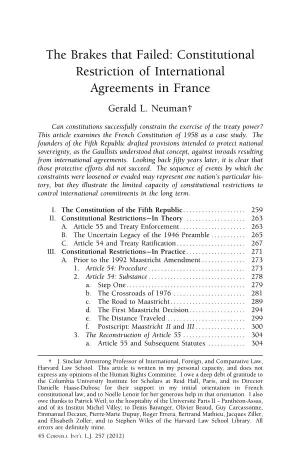 Constitutional Restriction of International Agreements in France Gerald L