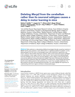 Deleting Mecp2 from the Cerebellum Rather Than Its Neuronal Subtypes