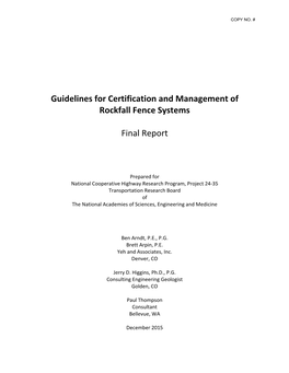 Guidelines for Certification and Management of Rockfall Fence Systems