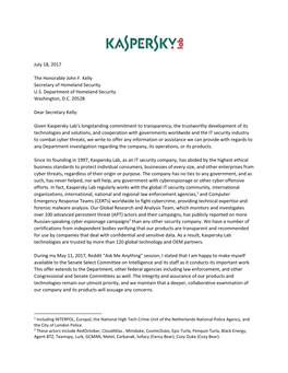 July 18, 2017, Kaspersky Lab Letter To