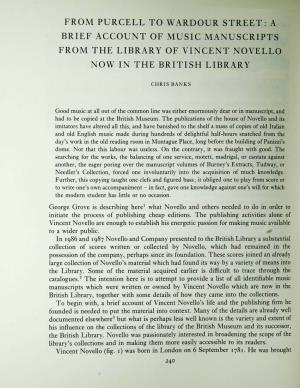 From Purcell to Wardour Street: a Brief Account of Music Manuscripts from the Library of Vincent Novello Now in the British Library