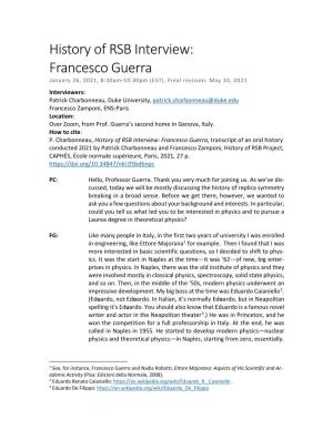 History of RSB Interview: Francesco Guerra January 26, 2021, 8:30Am-10:30Pm (EST)