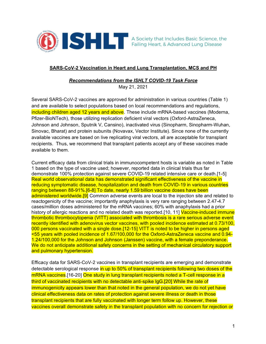 1 SARS-Cov-2 Vaccination in Heart and Lung Transplantation, MCS and PH Recommendations from the ISHLT COVID-19 Task Force May 21