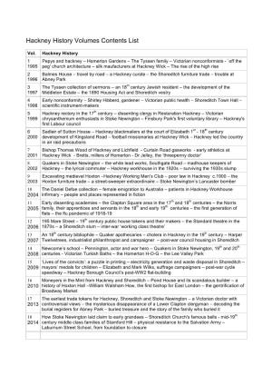 Hackney History Volumes Contents List