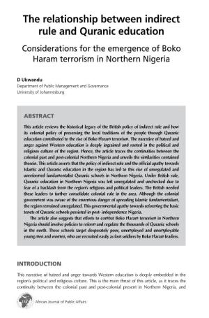 The Relationship Between Indirect Rule and Quranic Education Considerations for the Emergence of Boko Haram Terrorism in Northern Nigeria