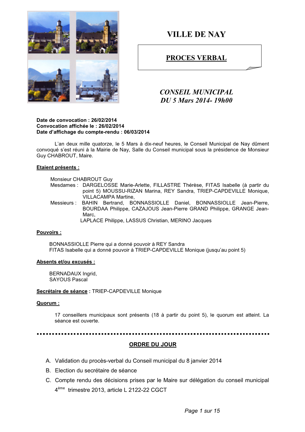 CONSEIL MUNICIPAL DU 5 Mars 2014- 19H00