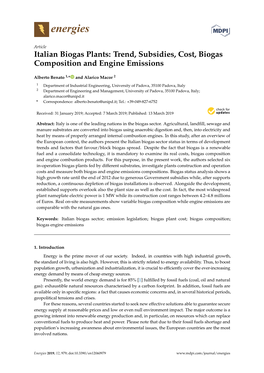 Italian Biogas Plants: Trend, Subsidies, Cost, Biogas Composition and Engine Emissions