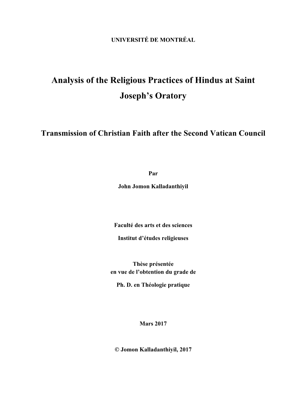 Analysis of the Religious Practices of Hindus at Saint Joseph's Oratory