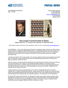 Gary Cooper Commemorated on Stamp Legend Becomes 15Th Inductee Into Legends of Hollywood Series