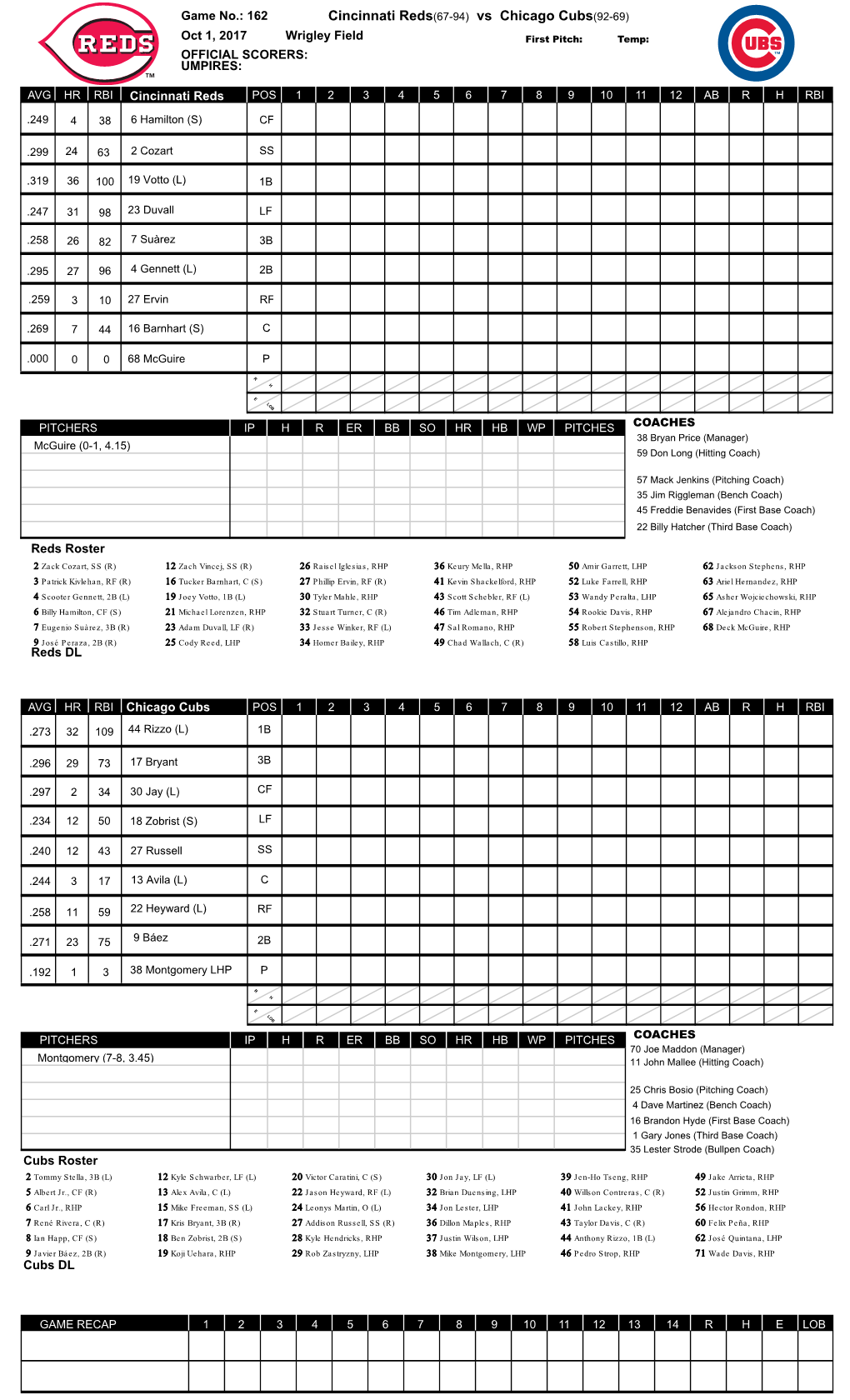 Cincinnati Reds(67-94) Vs Chicago Cubs(92-69)