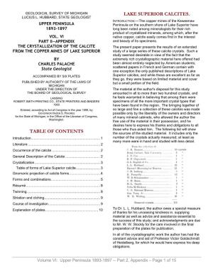 Table of Contents Lake Superior Calcites