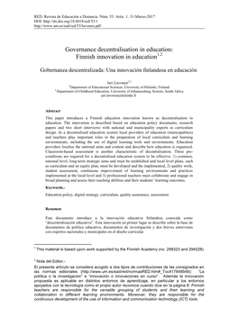 Governance Decentralisation in Education: Finnish Innovation in Education1,2