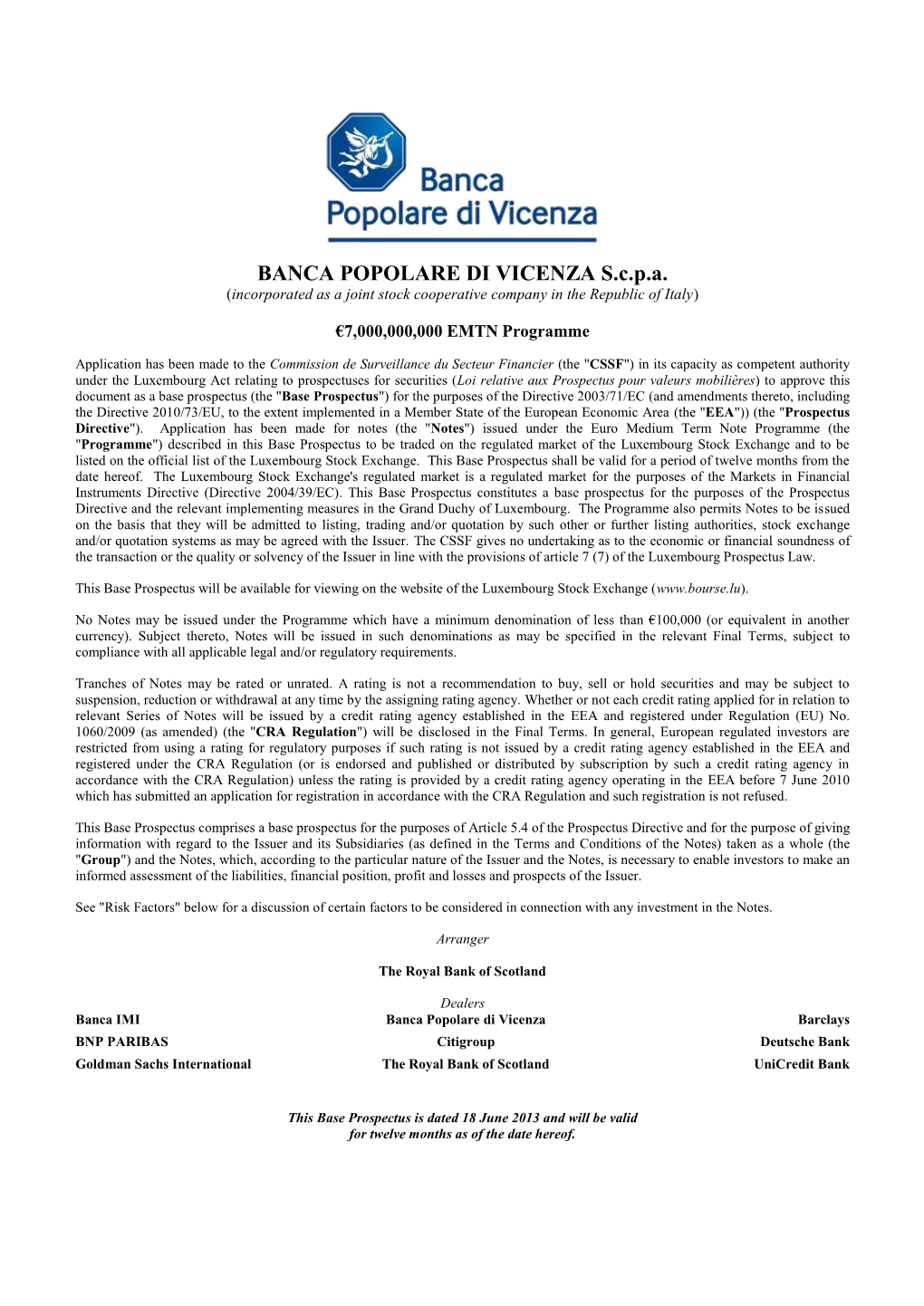 BANCA POPOLARE DI VICENZA S.C.P.A. (Incorporated As a Joint Stock Cooperative Company in the Republic of Italy)