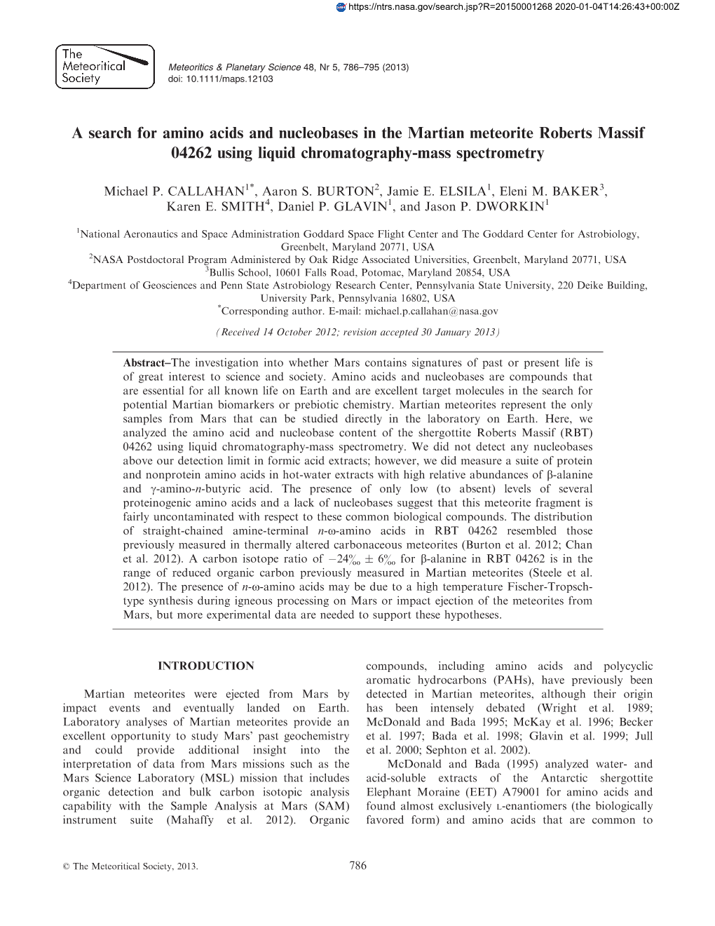 A Search for Amino Acids and Nucleobases in the Martian Meteorite Roberts Massif 04262 Using Liquid Chromatography-Mass Spectrometry