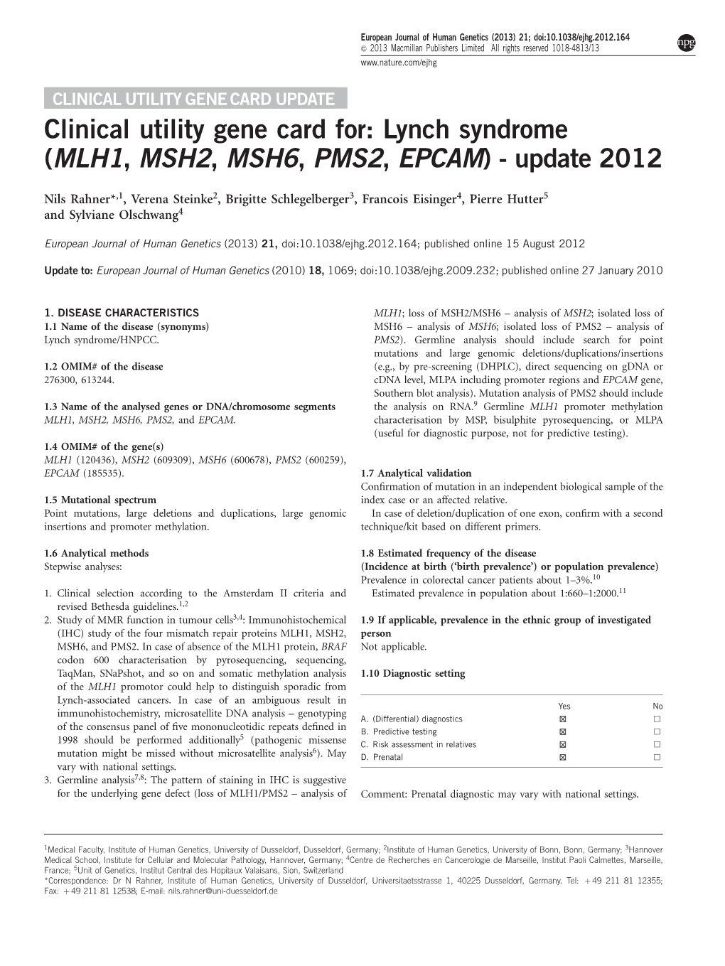 Lynch Syndrome (MLH1, MSH2, MSH6, PMS2, EPCAM) - Update 2012