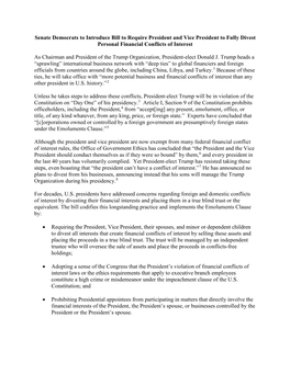 Senate Democrats to Introduce Bill to Require President and Vice President to Fully Divest Personal Financial Conflicts of Interest