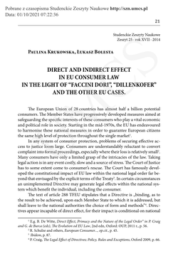 Direct and Indirect Effect in Eu Consumer Law in the Light of “Faccini Dori”, “Dillenkofer” and the Other Eu Cases