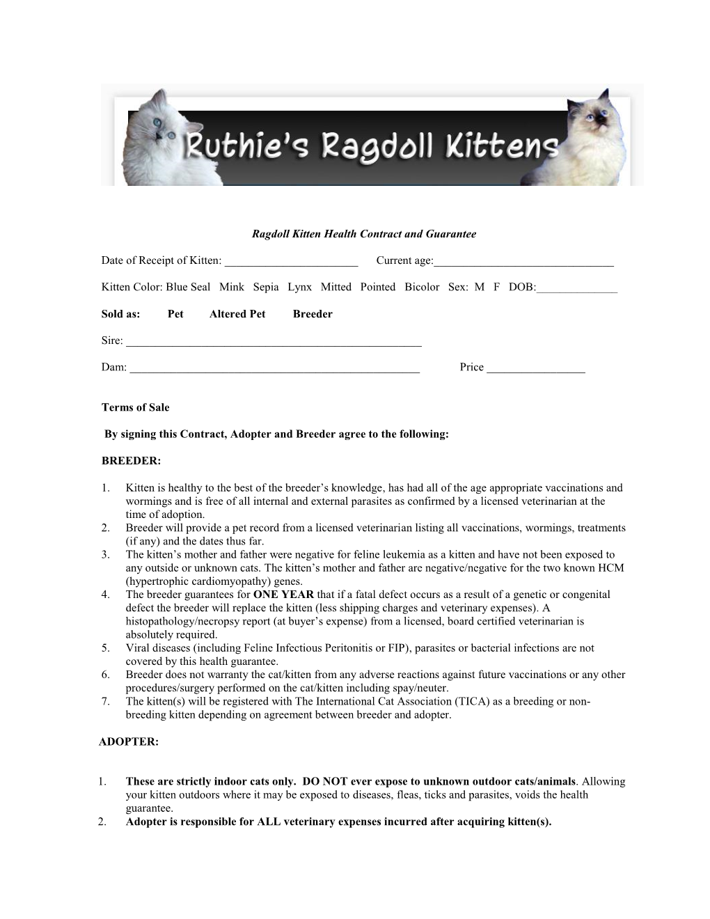 Ragdoll Kitten Health Contract and Guarantee