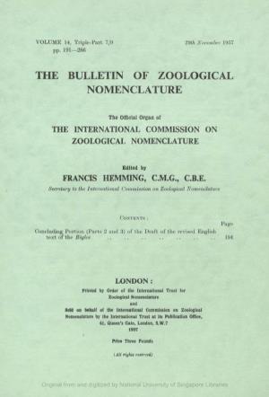 The Bulletin of Zoological Nomenclature. Vol 14, Part 7 to 9