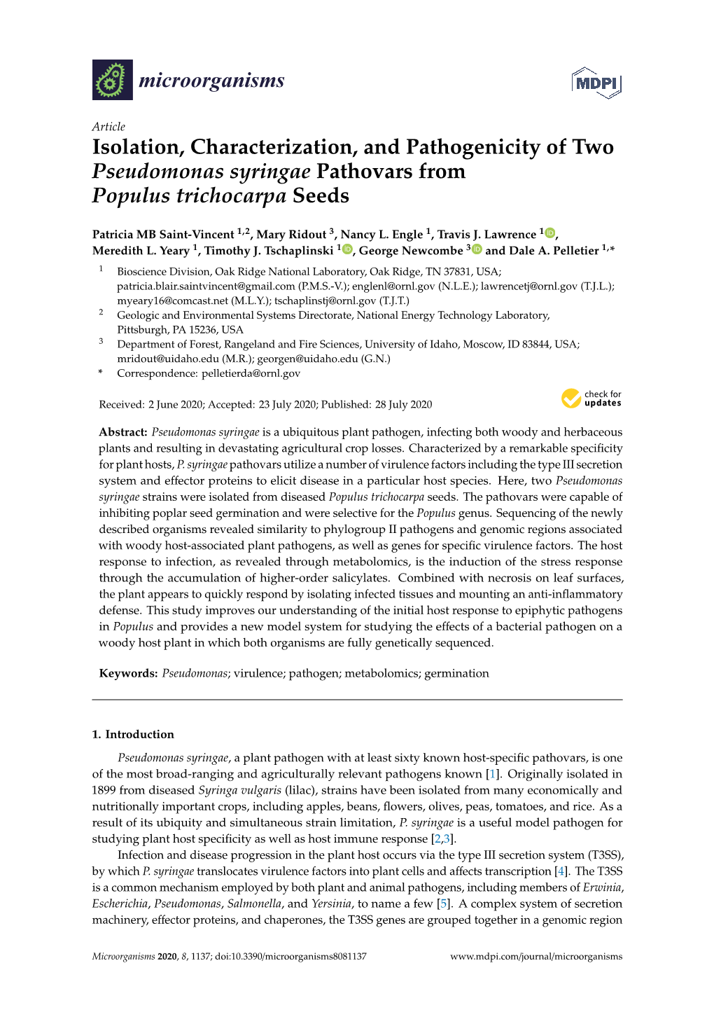 Isolation, Characterization, and Pathogenicity of Two Pseudomonas Syringae Pathovars from Populus Trichocarpa Seeds