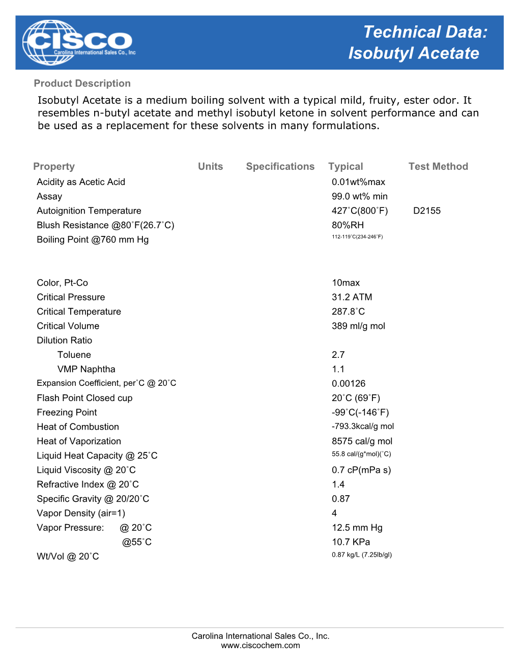 Isobutyl Acetate Technical Data