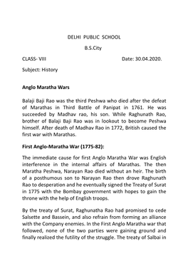 VIII Date: 30.04.2020. Subject: History Anglo Maratha Wars