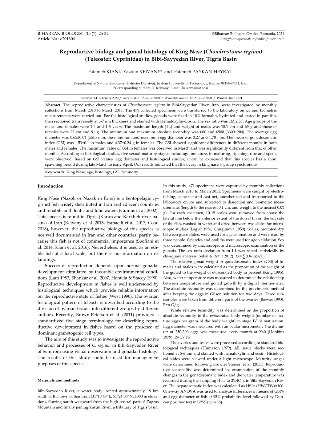 Chondrostoma Regium) (Teleostei: Cyprinidae) in Bibi-Sayyedan River, Tigris Basin