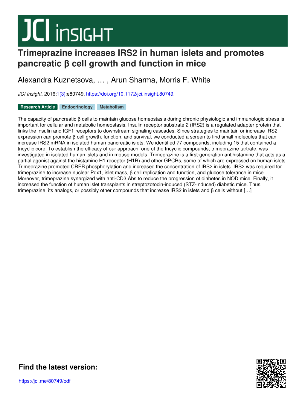 Trimeprazine Increases IRS2 in Human Islets and Promotes Pancreatic Β Cell Growth and Function in Mice