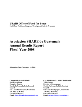 Asociación SHARE De Guatemala Annual Results Report Fiscal Year 2008