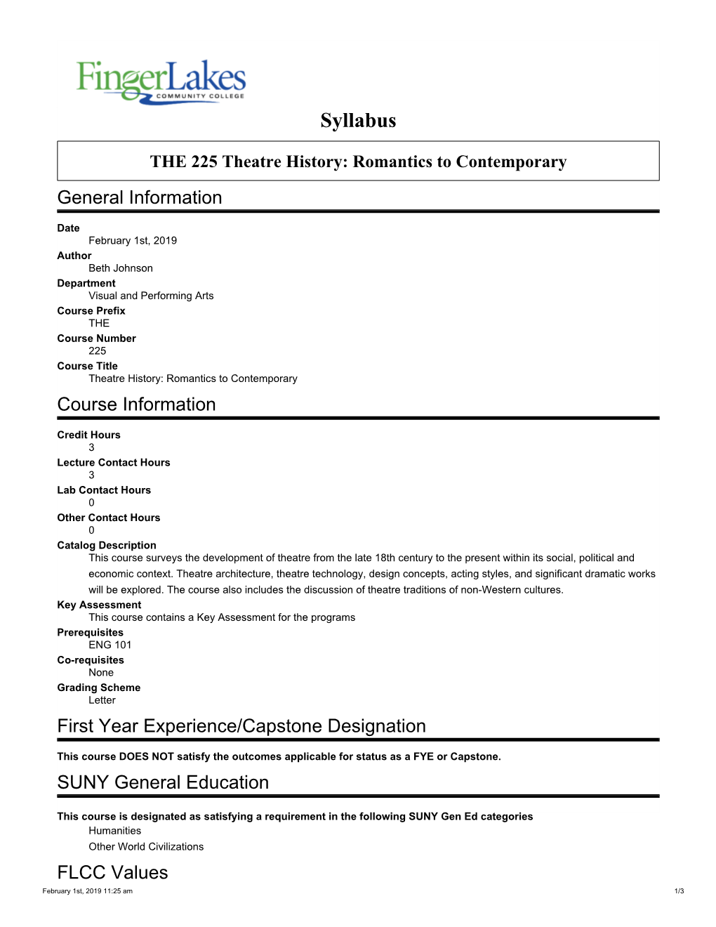 THE 225 Course Syllabus