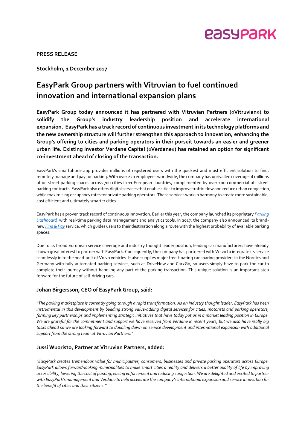 Easypark Group Partners with Vitruvian to Fuel Continued Innovation and International Expansion Plans