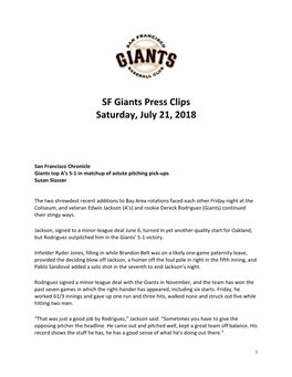 SF Giants Press Clips Saturday, July 21, 2018