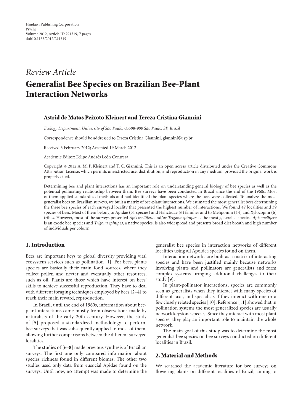 Generalist Bee Species on Brazilian Bee-Plant Interaction Networks