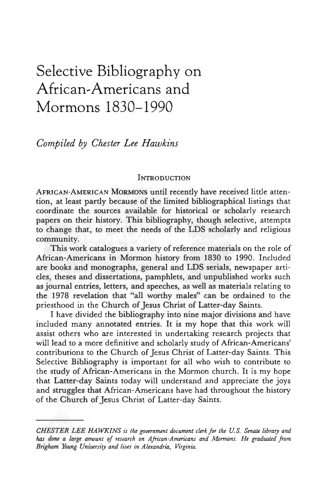 Selective Bibliography on African-Americans and Mormons 1830-1990