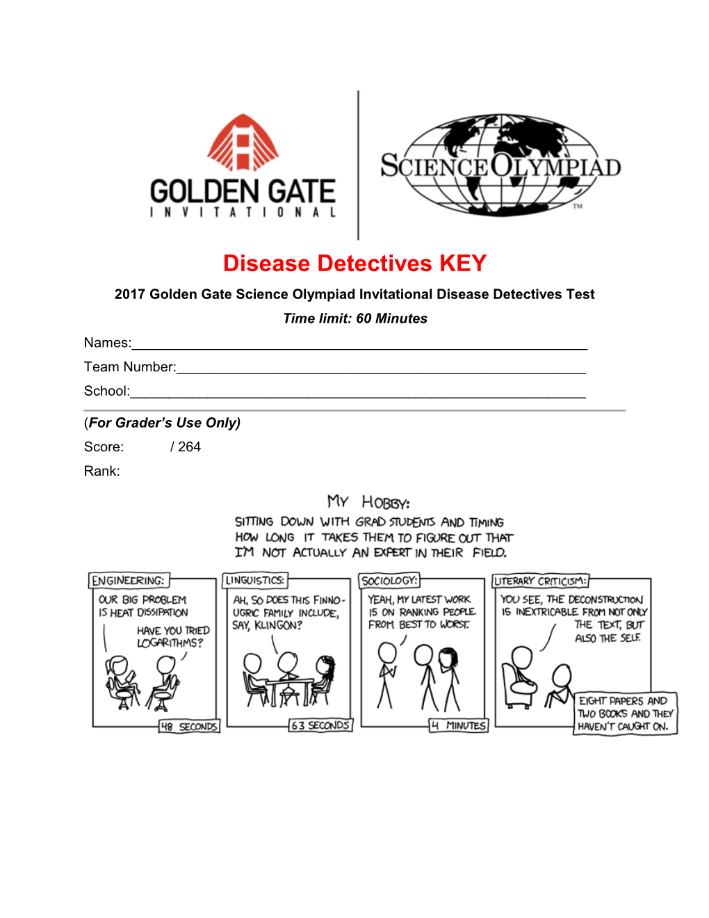 Disease Detectives KEY 2017 Golden Gate Science Olympiad Invitational Disease Detectives Test Time Limit: 60 Minutes Names:______Team Number:______School:______