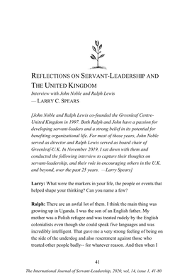 REFLECTIONS on SERVANT-LEADERSHIP and the UNITED KINGDOM Interview with John Noble and Ralph Lewis — LARRY C
