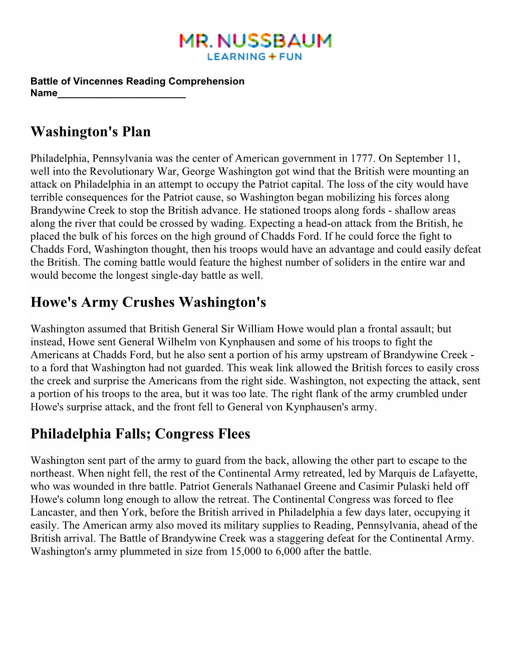Washington's Plan Howe's Army Crushes Washington's Philadelphia Falls; Congress Flees