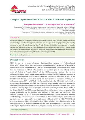 Compact Implementation of KECCAK SHA3-1024 Hash Algorithm
