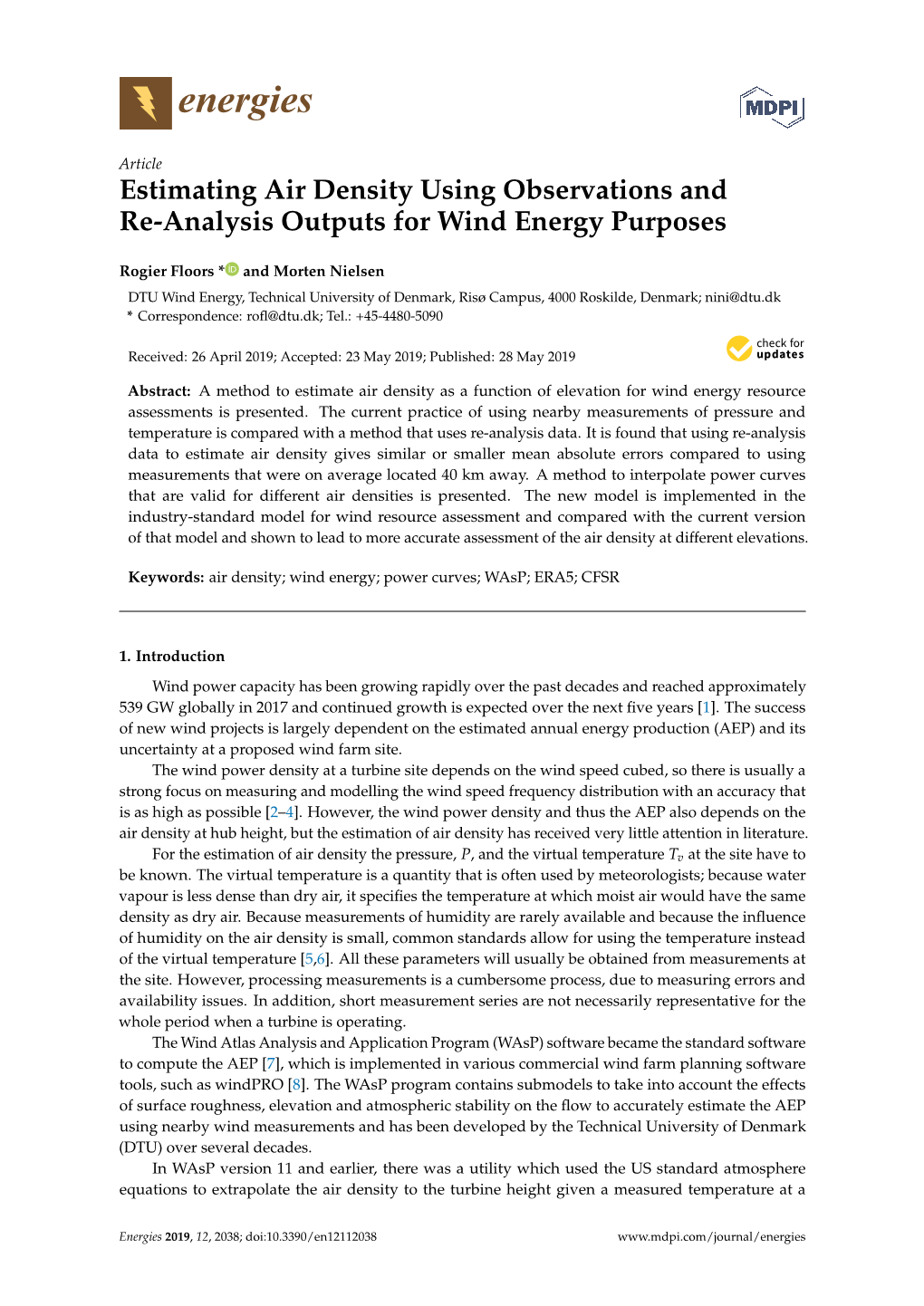 Estimating Air Density Using Observations and Re-Analysis Outputs for Wind Energy Purposes