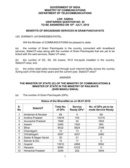Government of India Ministry of Communications Department of Telecommunications Lok Sabha Unstarred Question No. 25 to Be Answ