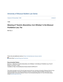 "Hootch, Moonshine, Corn Whiskey" in the Missouri Prohibition Law, The