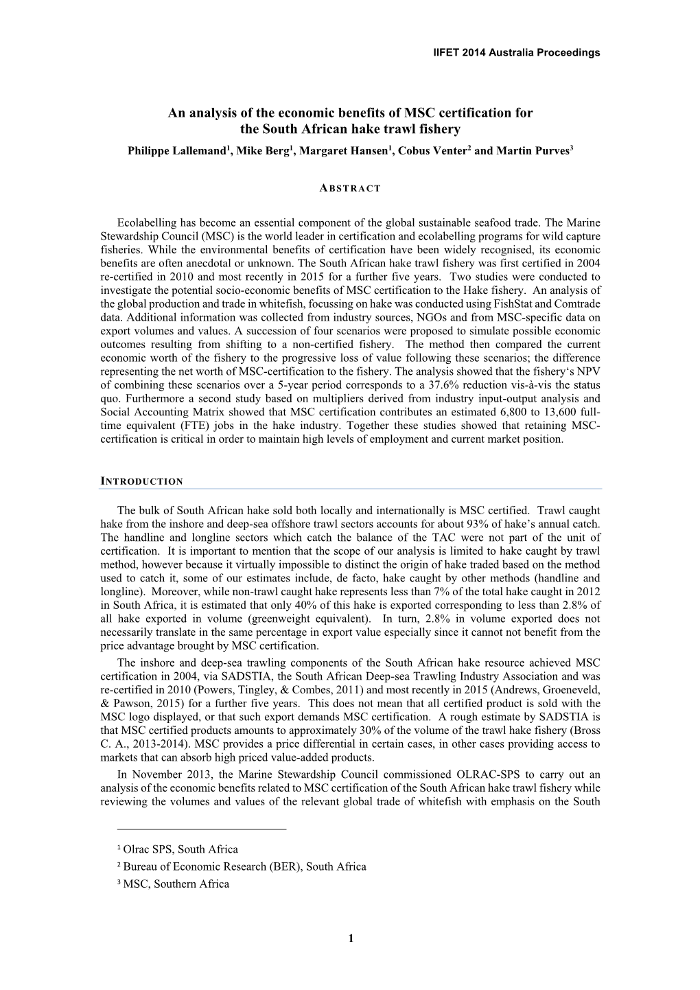 An Analysis of the Economic Benefits of MSC Certification for the South