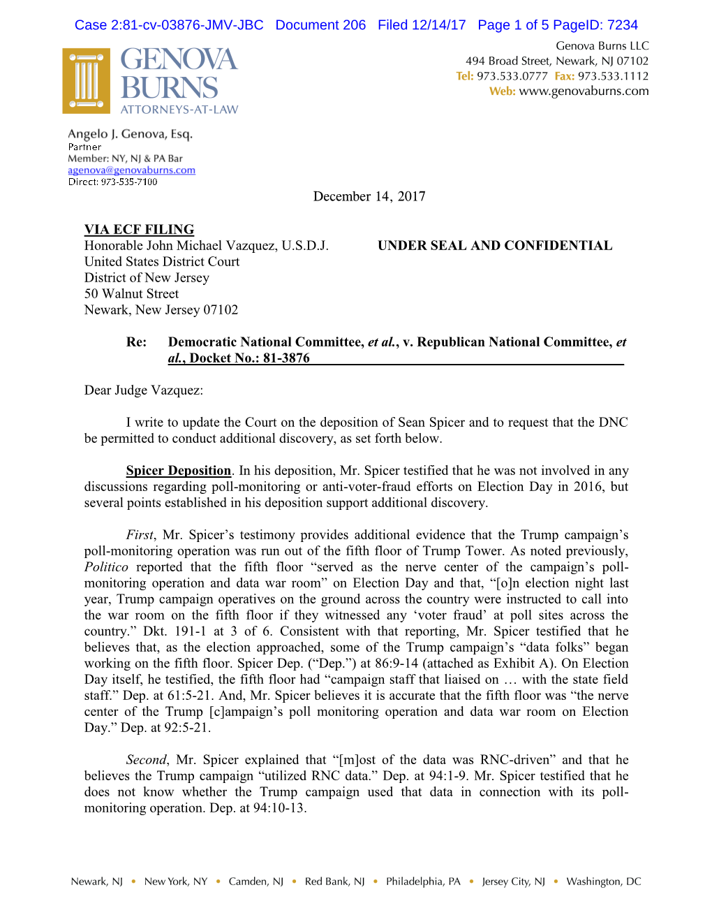 December 14, 2017 VIA ECF FILING Honorable John Michael Vazquez, U.S.D.J. UNDER SEAL and CONFIDENTIAL United States District Co