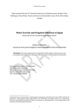 Water Scarcity and Irrigation Efficiency in Egypt Emanuele Ferrari, Scott Mcdonald, Rehab Osman1