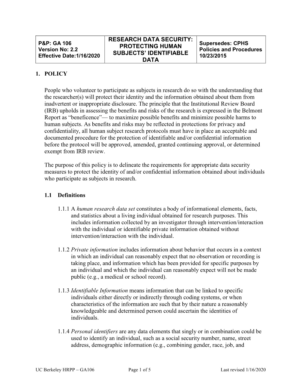 Research Data Security: Protecting Human Subjects' Identifiable Data