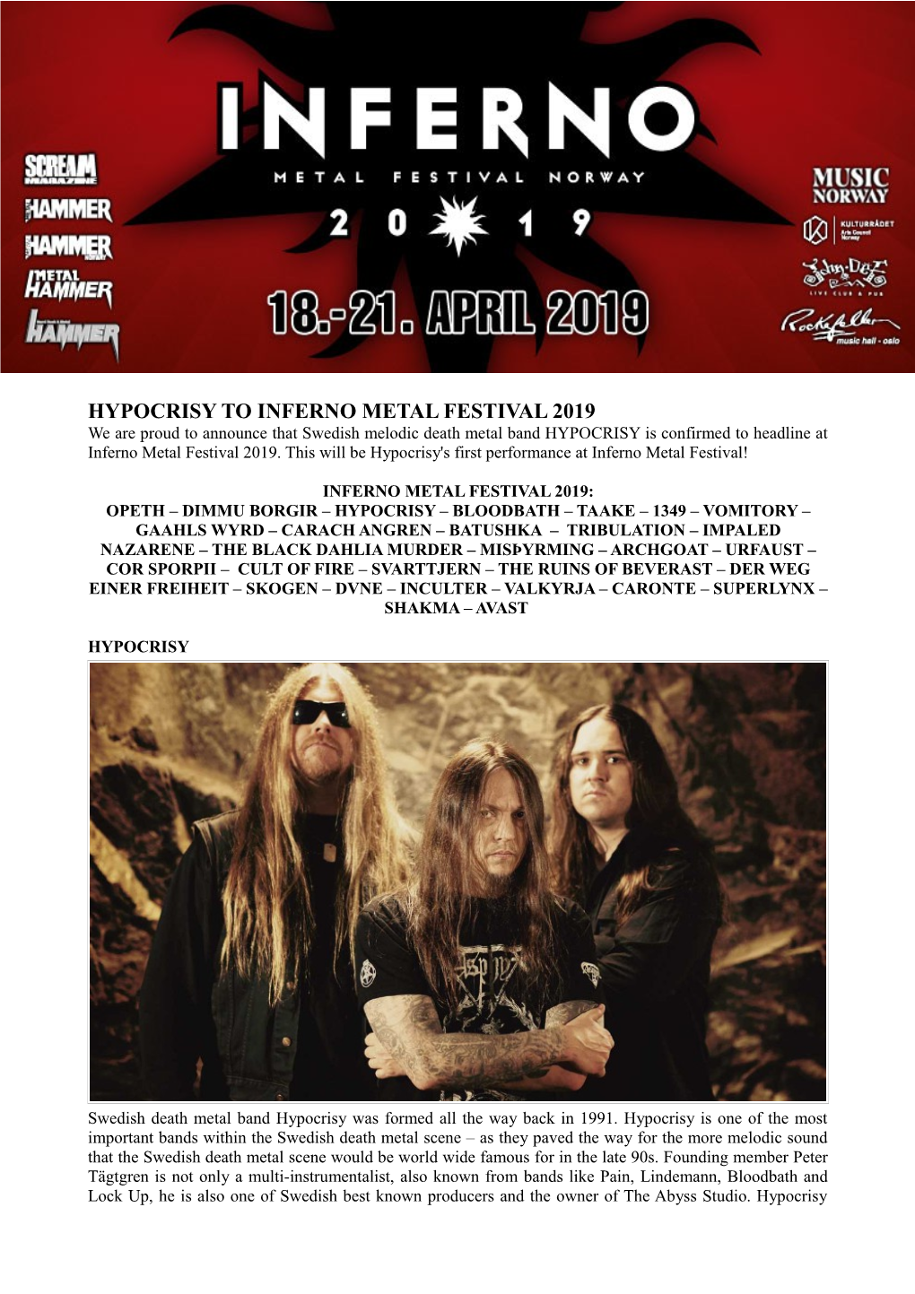 Hypocrisy to Inferno Metal Festival 2019