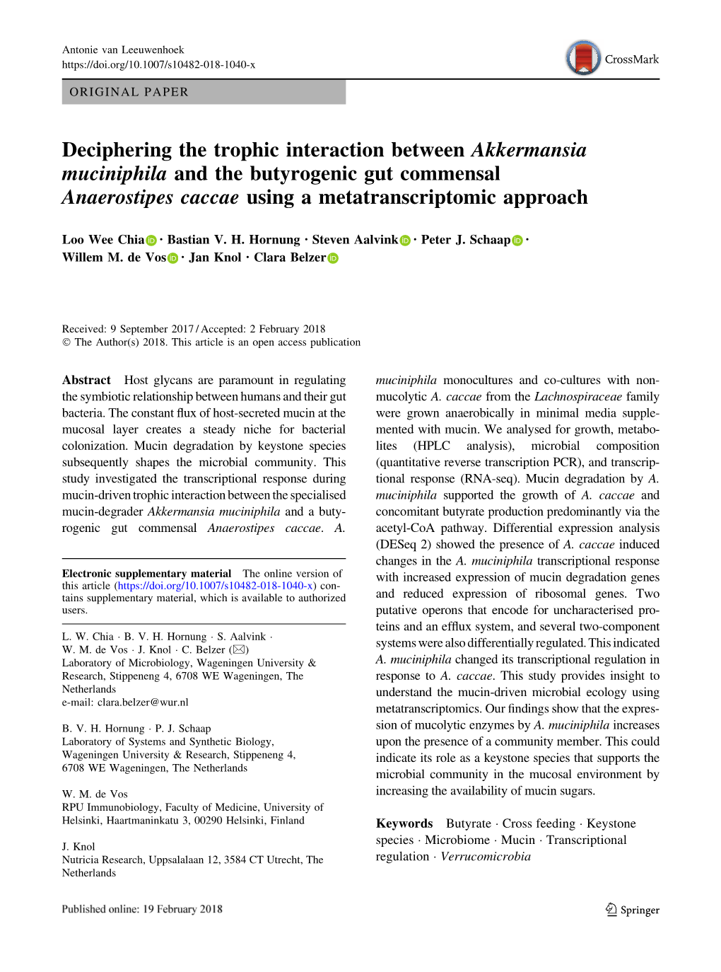 Deciphering the Trophic Interaction Between Akkermansia Muciniphila and the Butyrogenic Gut Commensal Anaerostipes Caccae Using a Metatranscriptomic Approach