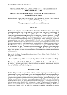 Checklist of Avifauna at Selected Ecological Corridors in Peninsular Malaysia