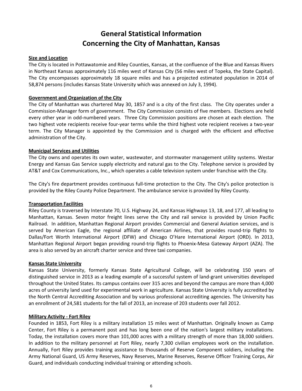 General Statistical Information Concerning the City of Manhattan, Kansas